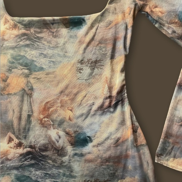 Shape Nude Renaissance Print Mesh Square Neck Bodycon Dress - Picture 3 of 4